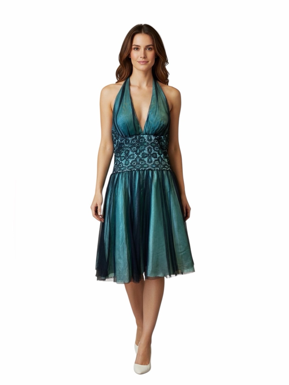 Blondie Nites by Linda Bernell Green Dress with Black Lace Halter Top - Size 9